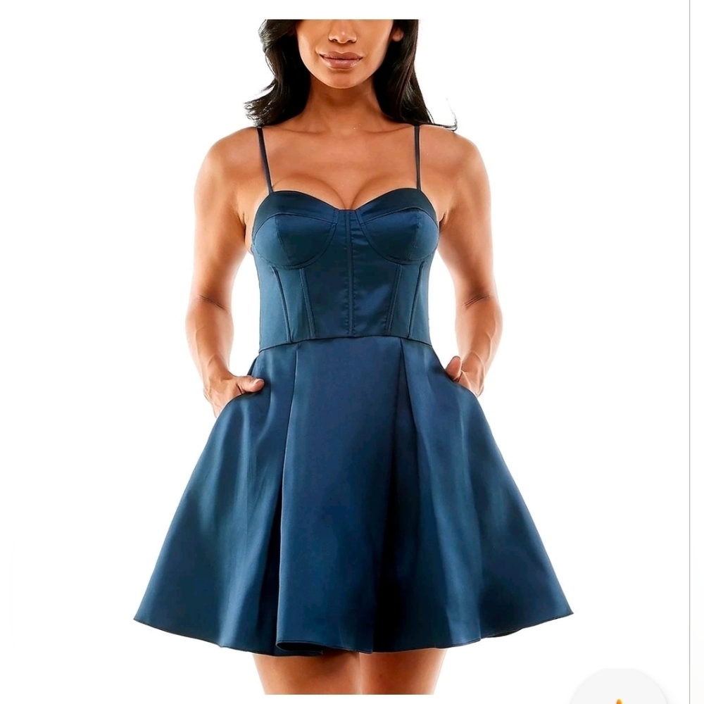 New B. Darlin Navy Satin Party Fit & Flare Dress